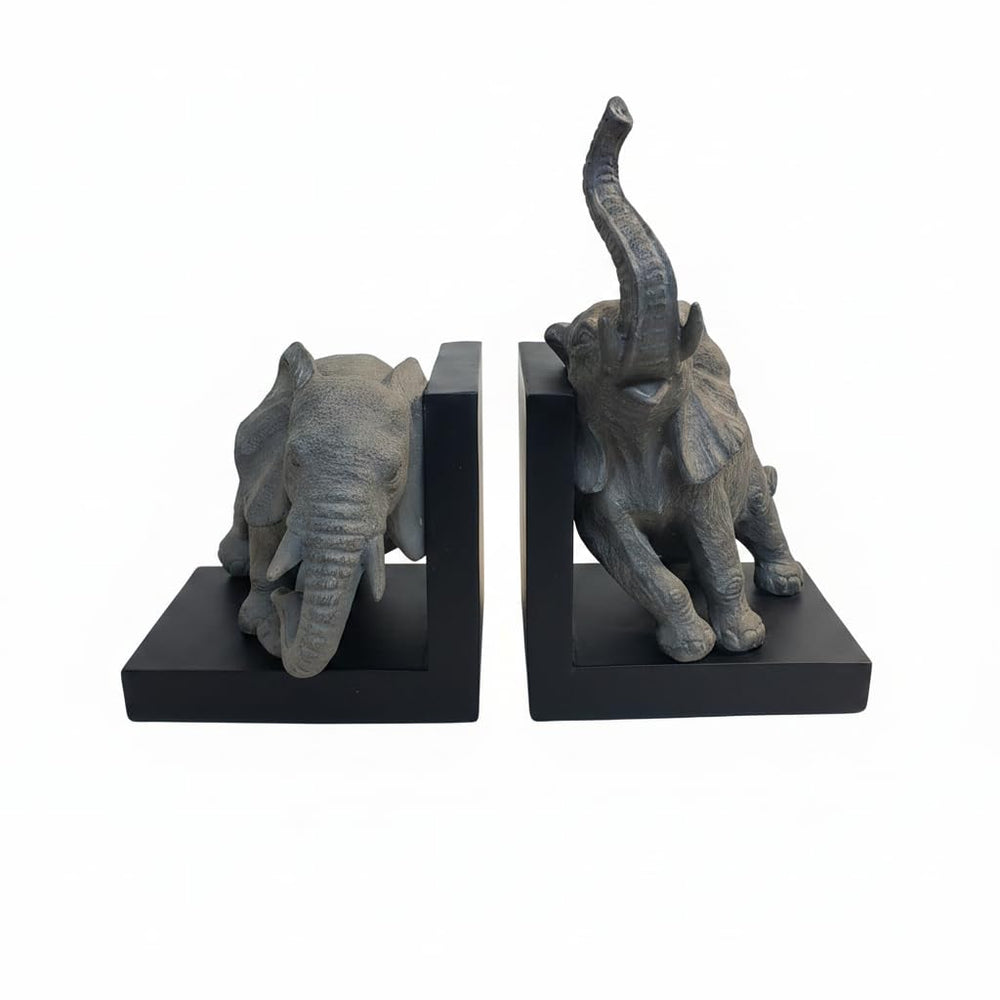 Elephant Bookends – Gray & Black Resin Duo