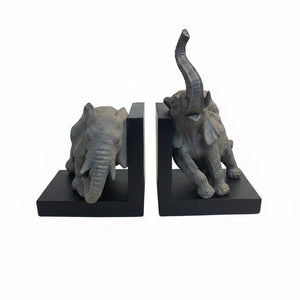 Elephant Bookends – Gray & Black Resin Duo