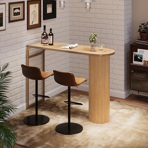 55" Fluted Wood Bar Table with Metal Frame