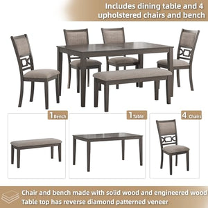 6-Piece Transitional Dining Table Set with Bench and Upholstered Chairs, Seats 6