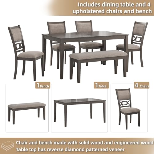 6-Piece Transitional Dining Table Set with Bench and Upholstered Chairs, Seats 6