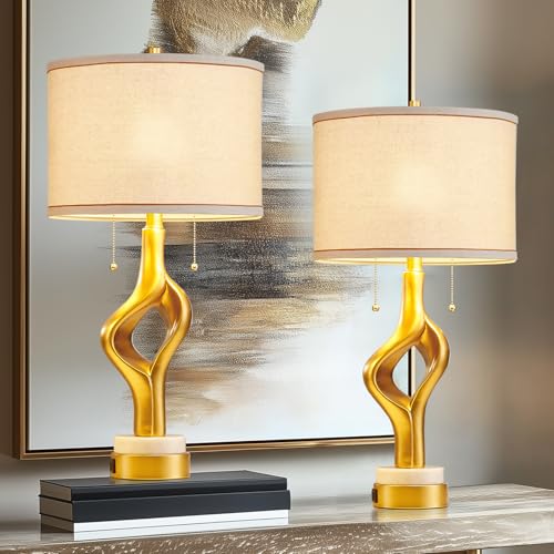 Gold Sculptural Table Lamp Set of 2 with USB Ports & Marble Base