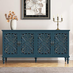 Hollow Carved Wood Accent Cabinet with 4 Doors
