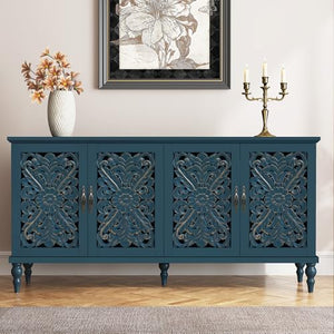 Hollow Carved Wood Accent Cabinet with 4 Doors