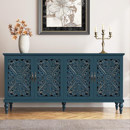 Hollow Carved Wood Accent Cabinet with 4 Doors
