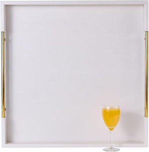 Oversized Square Ottoman Tray with Gold Handles – Faux Leather, 24x24