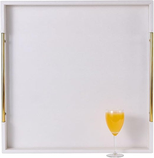 Oversized Square Ottoman Tray with Gold Handles – Faux Leather, 24x24