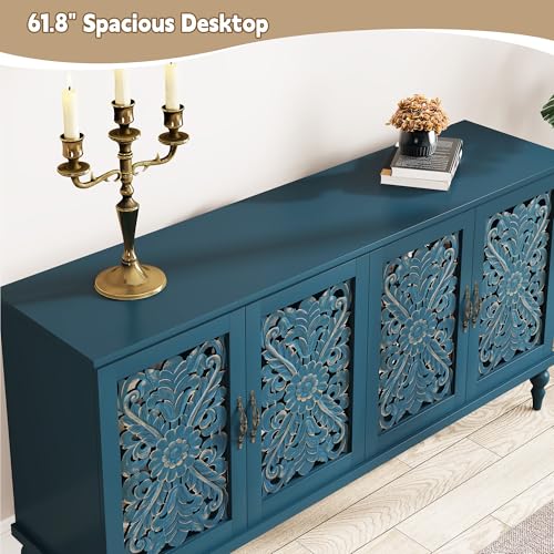 Hollow Carved Wood Accent Cabinet with 4 Doors