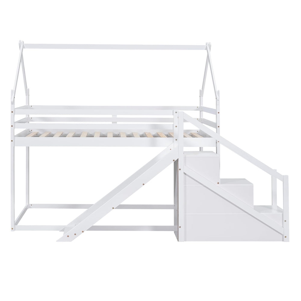 Twin Over Twin Bunk Bed with Storage Stairs & Guardrails