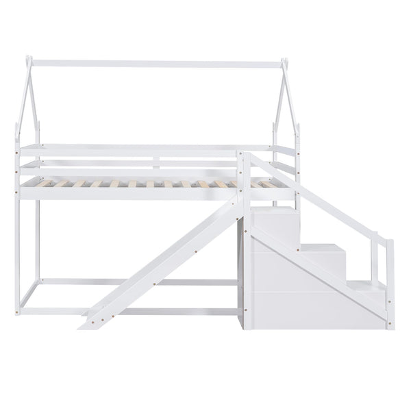 Twin Over Twin Bunk Bed with Storage Stairs & Guardrails
