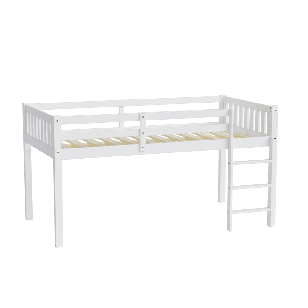 Twin Low Loft Bed Frame with Guardrail and Ladder