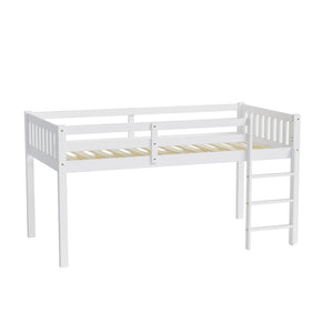 Twin Low Loft Bed Frame with Guardrail and Ladder