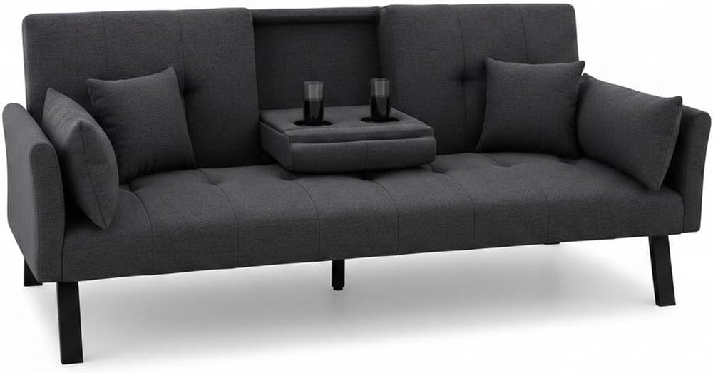 Convertible Velvet Futon Sofa Bed with Cup Holder
