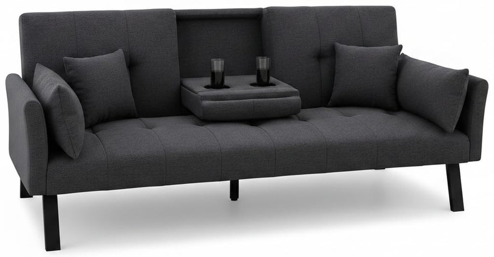 Convertible Velvet Futon Sofa Bed with Cup Holder