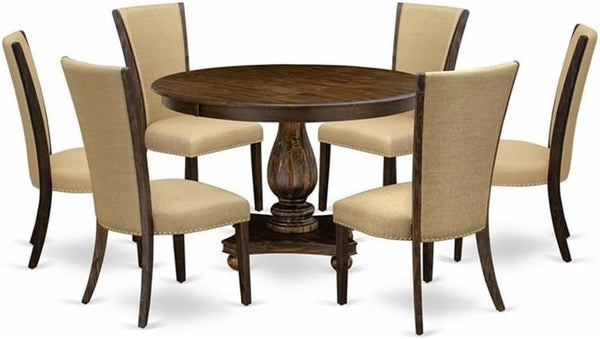 7-Piece Round Dining Table Set with 6 Upholstered Chairs