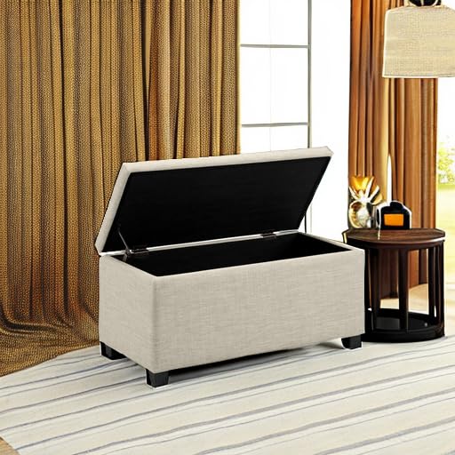 Beige Upholstered Storage Ottoman Bench