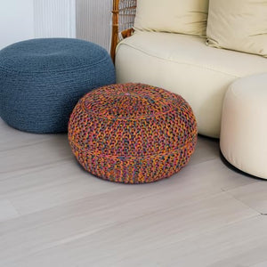 Round Jute Pouf Ottoman – Carnation, Gold & Teal