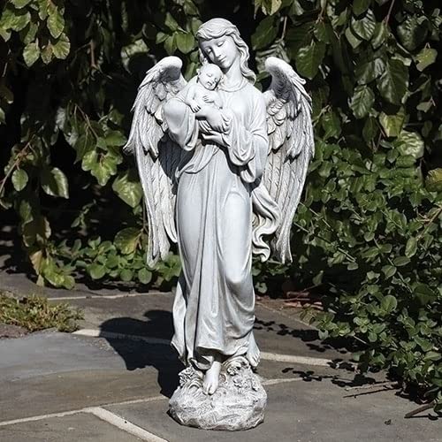 Angel Holding Baby Garden Statue – 25.5" Resin Outdoor Religious Sculpture