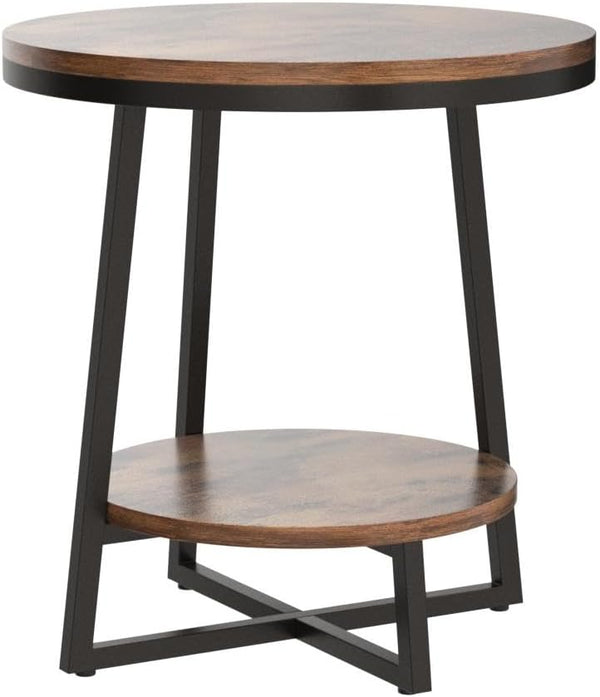 2-Tier Round Industrial End Table with Storage Shelf