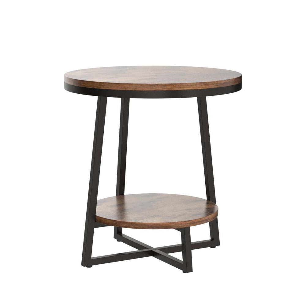 2-Tier Round Industrial End Table with Storage Shelf