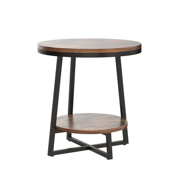 2-Tier Round Industrial End Table with Storage Shelf