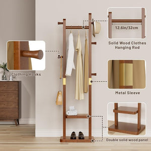 Solid Wood Coat Rack with Shelves & Hooks