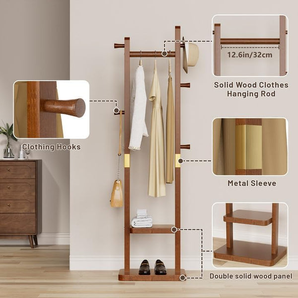 Solid Wood Coat Rack with Shelves & Hooks
