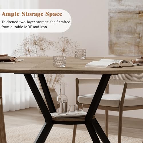 Extendable Round to Oval Dining Table with Hidden Leaves & Storage Shelf