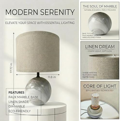 Ceramic Marble Table Lamp with Linen Shade — 3-Way Color Changing