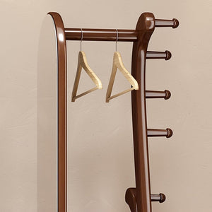 Rotating Floor Coat Rack with Dressing Mirror & Solid Wood Storage