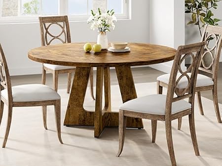 47-Inch Round Farmhouse Dining Table with Wooden Top & Pedestal Base