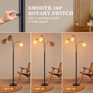 Arc Floor Lamp with Rattan Shades & Rotatable Arms