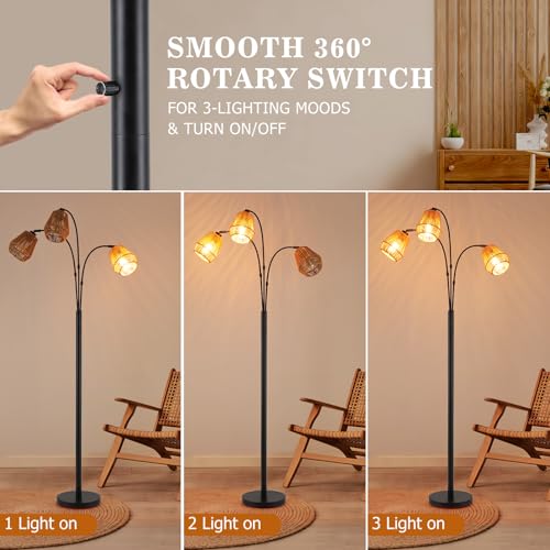 Arc Floor Lamp with Rattan Shades & Rotatable Arms
