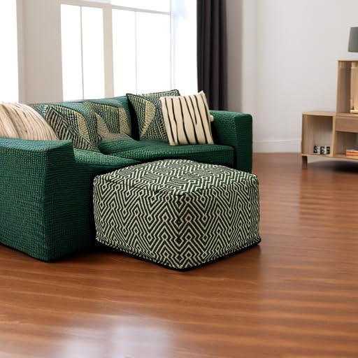 Green & Beige Geometric Handwoven Cotton Pouf Ottoman
