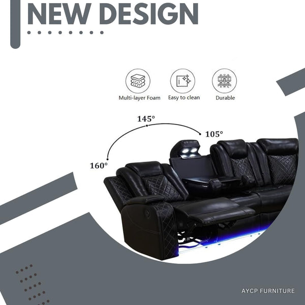 Power Recliner Sectional Sofa with LED Light & Storage Console