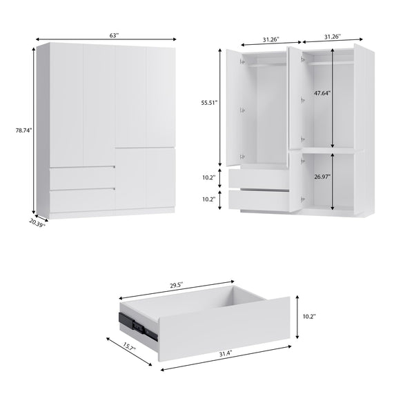 4-Door Armoire Wardrobe with Drawers & Hanging Rod