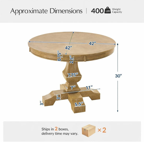 42-Inch Round Farmhouse Dining Table with Pedestal Base — Seats 4