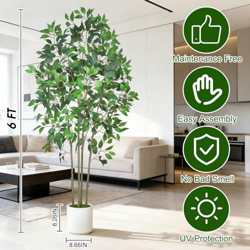 6 ft Artificial Ficus Tree with White Planter