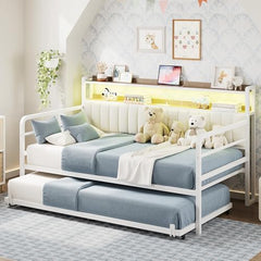 Daybed with Trundle, LED Lights & Charging Station – Metal Sofa Bed with Storage Shelves