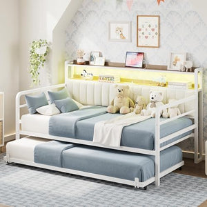 Daybed with Trundle, LED Lights & Charging Station – Metal Sofa Bed with Storage Shelves