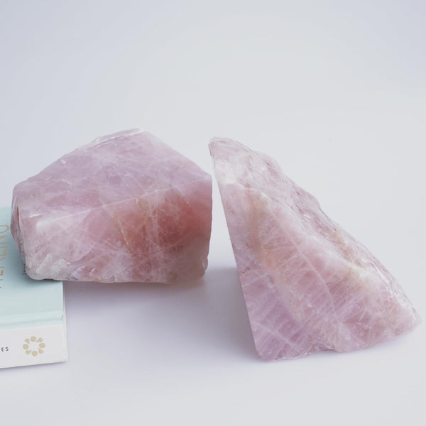 Natural Rose Quartz Bookends with Anti-Slip Rubber Feet – Raw & Polished Crystal Pair