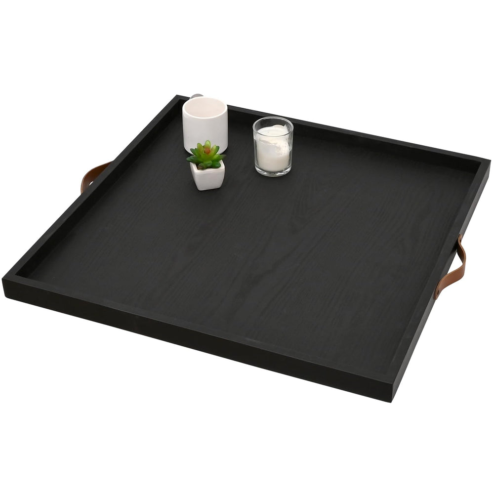 24x24 Square Wood Ottoman Tray with Leather Handles