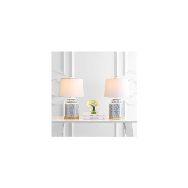 Blue & White Ceramic Table Lamps Set of 2 with Gold Leaf Accents