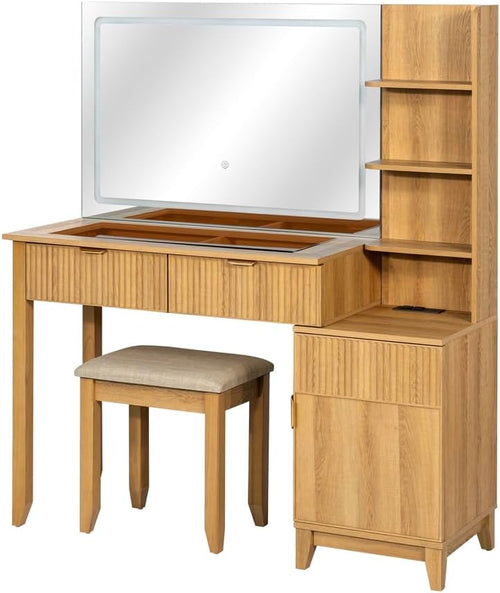 Vanity Desk with Stool, LED Mirror & Power Outlet