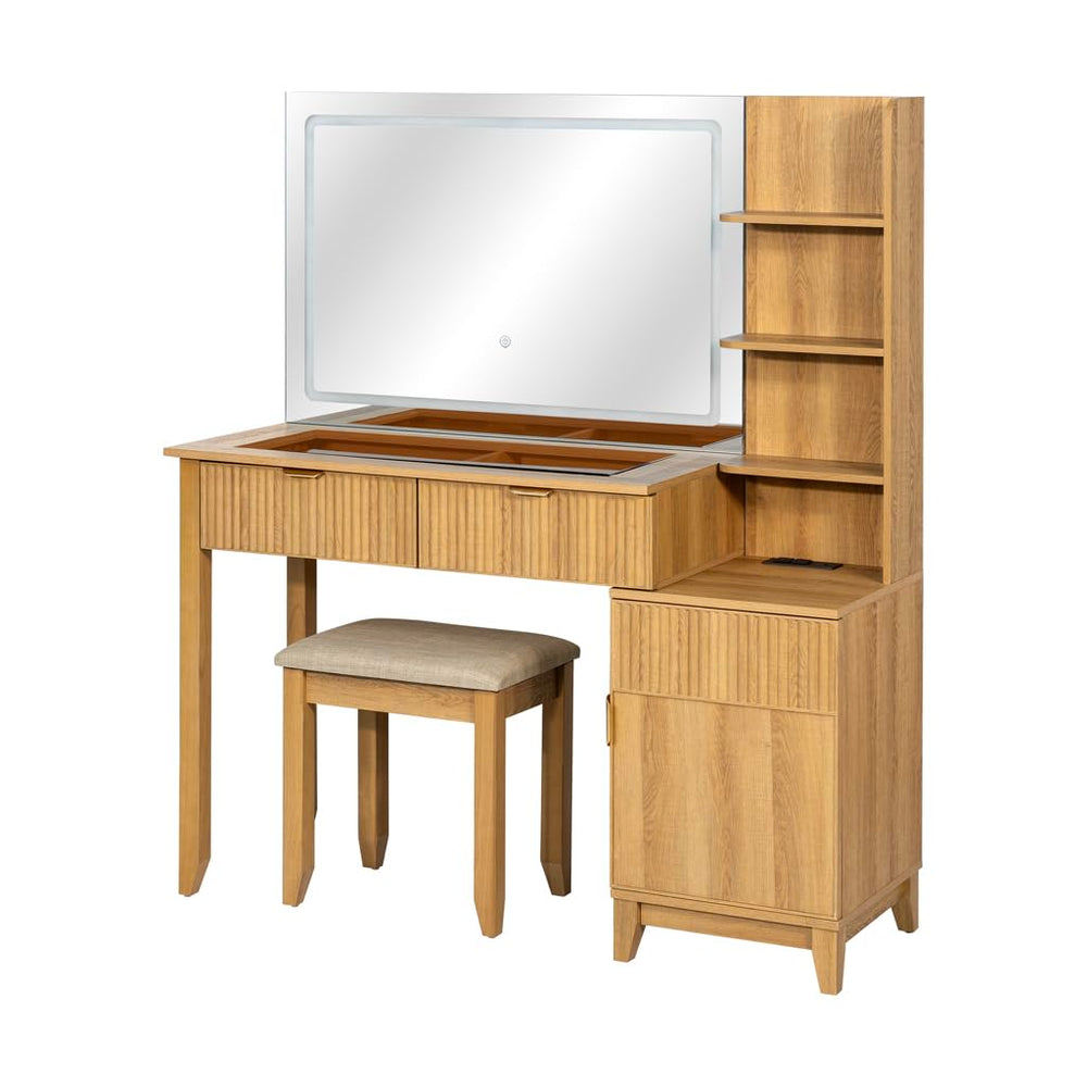 Vanity Desk with Stool, LED Mirror & Power Outlet