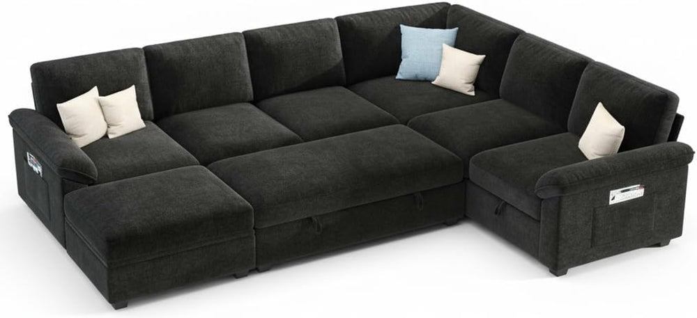 105" Sectional Sleeper Sofa with Pull-Out Bed & Reclining Backrest, 6-Seat Storage Couch