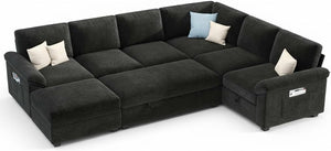 105" Sectional Sleeper Sofa with Pull-Out Bed & Reclining Backrest, 6-Seat Storage Couch