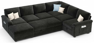 105" Sectional Sleeper Sofa with Pull-Out Bed & Reclining Backrest, 6-Seat Storage Couch