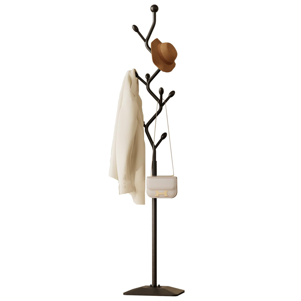 Tree-Shaped Metal Coat Rack Stand with 8 Hooks & Cast Iron Base