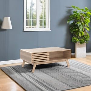 Mid-Century Fluted Coffee Table with 4-Compartment Storage & Tapered Legs